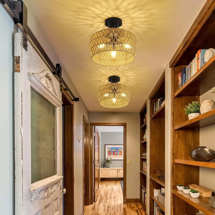 Semi Flush Mount Ceiling Light, Rattan Light Fixture Ceiling Mount with Handmade Wicker Lampshade, 3-Lights Boho Chandelier, Woven Close to Ceiling Light for Bedroom Hallway Living Room Kitchen Default -DTYStore