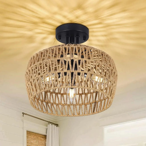 Semi Flush Mount Ceiling Light, Rattan Light Fixture Ceiling Mount with Handmade Wicker Lampshade, 3-Lights Boho Chandelier, Woven Close to Ceiling Light for Bedroom Hallway Living Room Kitchen Default -DTYStore