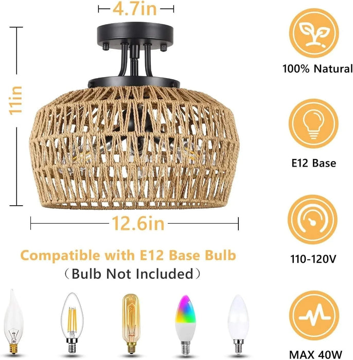 Semi Flush Mount Ceiling Light, Rattan Light Fixture Ceiling Mount with Handmade Wicker Lampshade, 3-Lights Boho Chandelier, Woven Close to Ceiling Light for Bedroom Hallway Living Room Kitchen Default -DTYStore
