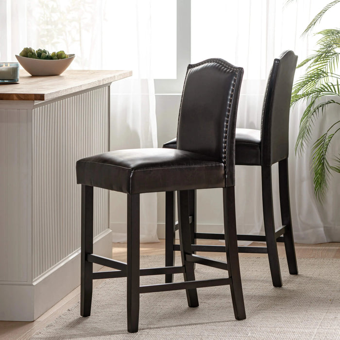 Set of 2, 26.25' Upholstered Counter Height Barstools with Nailhead Trim, Brown and Walnut, PU Default -DTYStore
