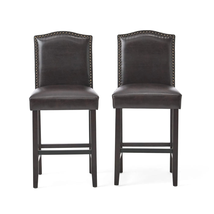 Set of 2, 26.25' Upholstered Counter Height Barstools with Nailhead Trim, Brown and Walnut, PU Default -DTYStore