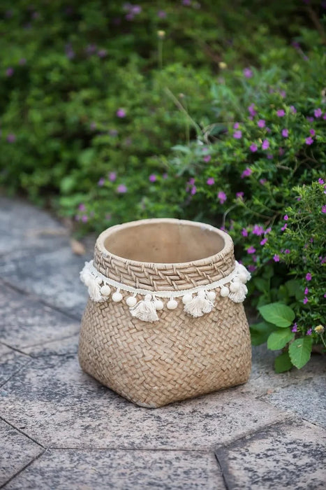 Set of 2 6.5x6.5x6' Brown Cement Planter with Woven Tassel Accent Default -DTYStore