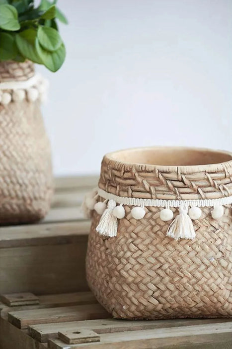 Set of 2 6.5x6.5x6' Brown Cement Planter with Woven Tassel Accent Default -DTYStore