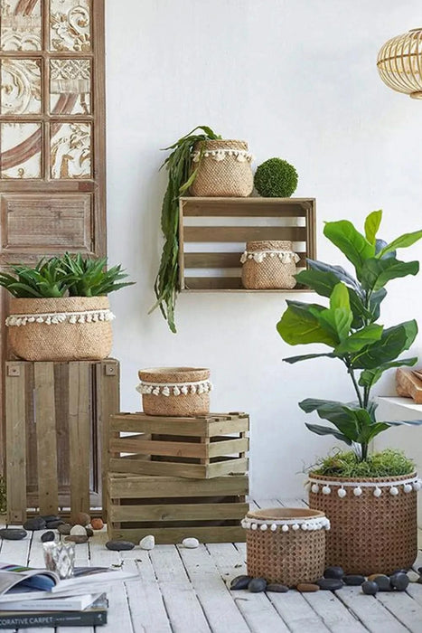 Set of 2 6.5x6.5x6' Brown Cement Planter with Woven Tassel Accent Default -DTYStore