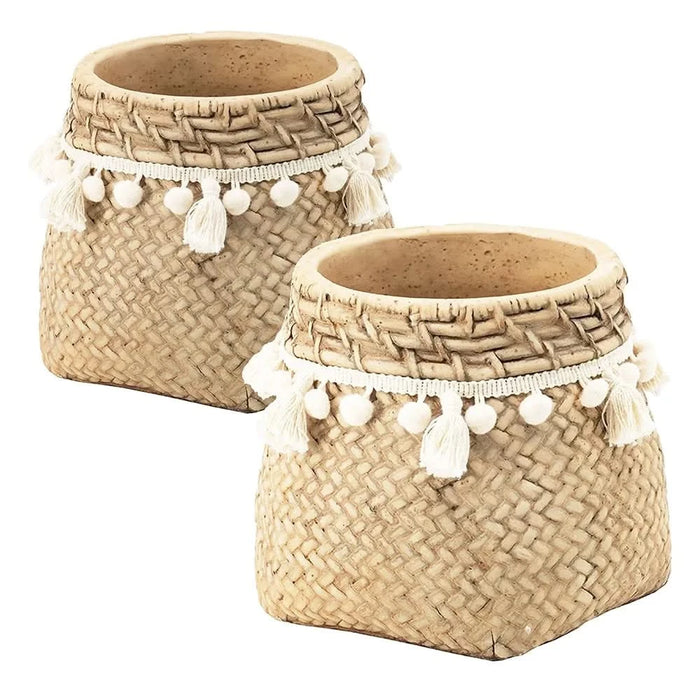 Set of 2 6.5x6.5x6' Brown Cement Planter with Woven Tassel Accent Default -DTYStore