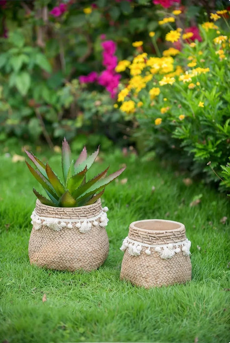 Set of 2 6.5x6.5x6' Brown Cement Planter with Woven Tassel Accent Default -DTYStore