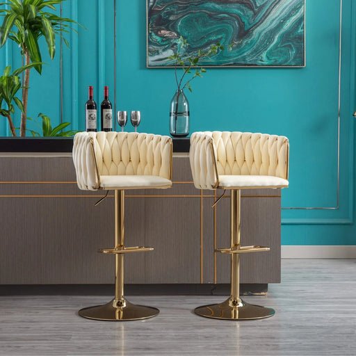 Set of 2 Bar Stools,with Chrome Footrest and Base Swivel Height Adjustable Mechanical Lifting Velvet + Golden Leg Simple Bar Stoo,Ivory Default -DTYStore