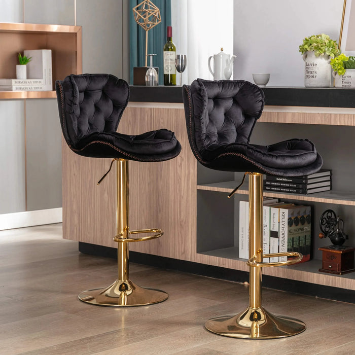 Set of 2 Bar Stools,with Chrome Footrest and Base Swivel Height Adjustable Mechanical Lifting Velvet + Golden Leg Simple Bar Stool-black Default -DTYStore