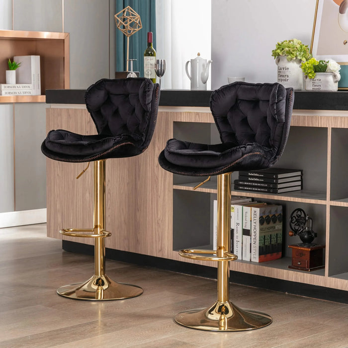 Set of 2 Bar Stools,with Chrome Footrest and Base Swivel Height Adjustable Mechanical Lifting Velvet + Golden Leg Simple Bar Stool-black Default -DTYStore