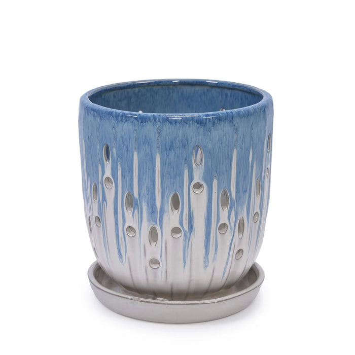 Set of 2 Ceramic Flowerpot with Drainage Hole, 8' Modern Planter for Patio, Garden, Windowsill - White Blue Default -DTYStore