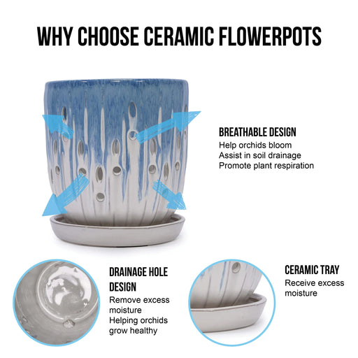 Set of 2 Ceramic Flowerpot with Drainage Hole, 8' Modern Planter for Patio, Garden, Windowsill - White Blue Default -DTYStore