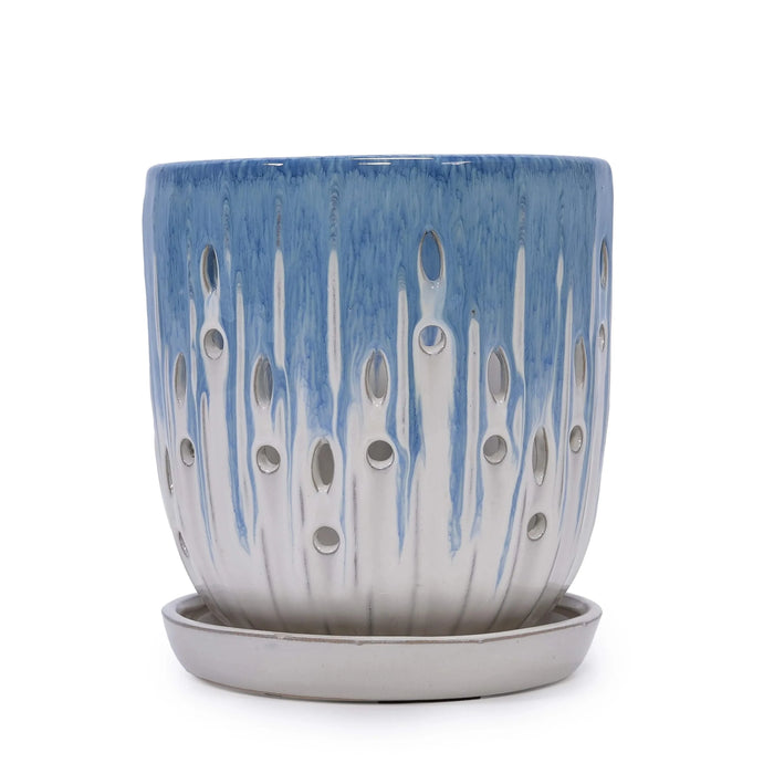 Set of 2 Ceramic Flowerpot with Drainage Hole, 8' Modern Planter for Patio, Garden, Windowsill - White Blue Default -DTYStore