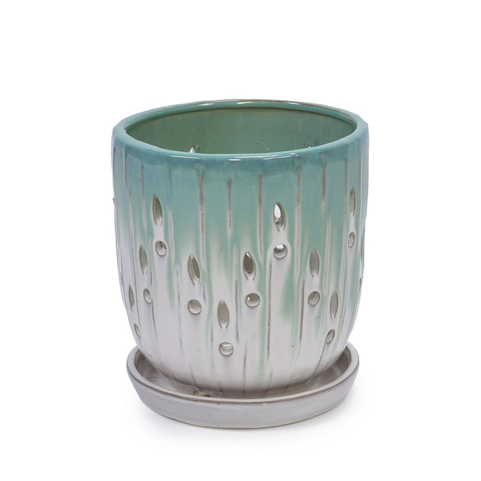 Set of 2 Ceramic Flowerpot with Drainage Hole, 8' Modern Planter for Patio, Garden, Windowsill - White Green- DTY Store