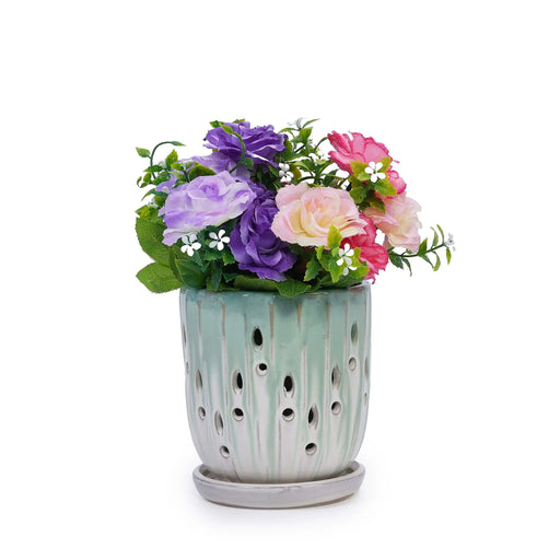 Set of 2 Ceramic Flowerpot with Drainage Hole, 8' Modern Planter for Patio, Garden, Windowsill - White Green Default -DTYStore