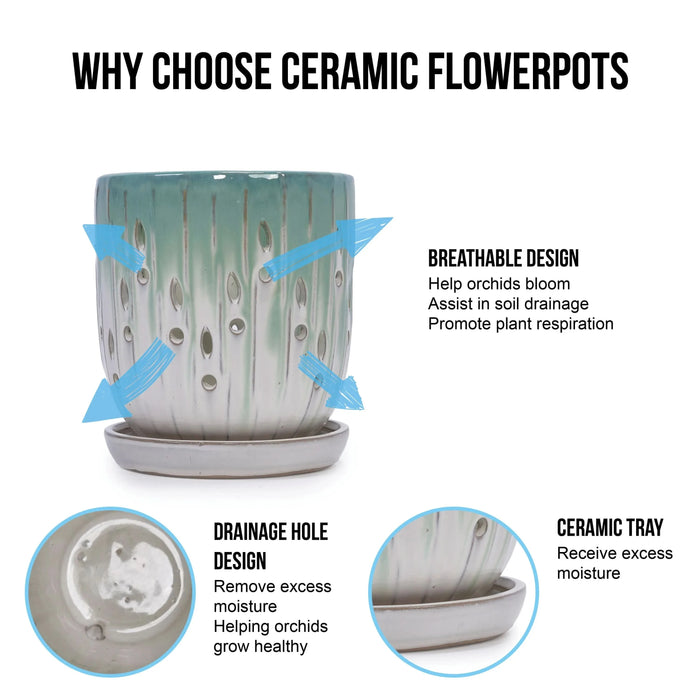 Set of 2 Ceramic Flowerpot with Drainage Hole, 8' Modern Planter for Patio, Garden, Windowsill - White Green - DTY Store
