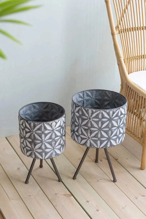 Set of 2 Metal Planter Stand,Round Galvanized Grey Farmhouse Planter Default -DTYStore