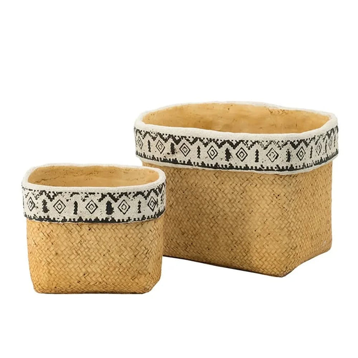 Set of 2 Rectangular Basket Planters with Geometric Trim, L:10.5x8.5x8' S:7.5x5.5x6.5' Default -DTYStore