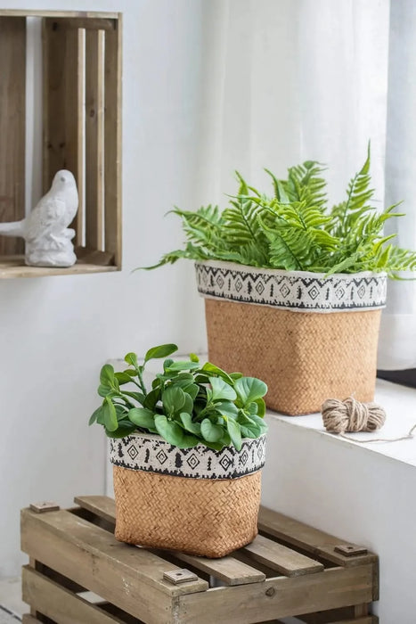 Set of 2 Rectangular Basket Planters with Geometric Trim, L:10.5x8.5x8' S:7.5x5.5x6.5' Default -DTYStore