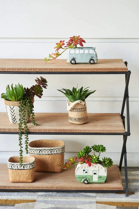 Set of 2 Rectangular Basket Planters with Geometric Trim, L:10.5x8.5x8' S:7.5x5.5x6.5' Default -DTYStore