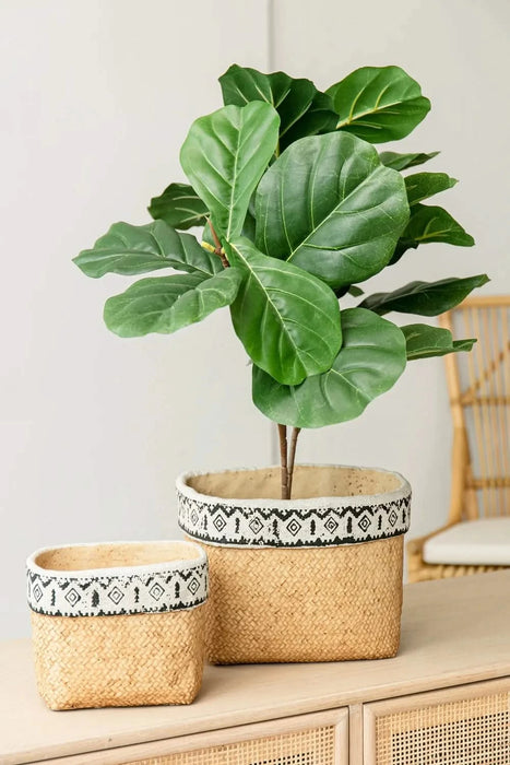Set of 2 Rectangular Basket Planters with Geometric Trim, L:10.5x8.5x8' S:7.5x5.5x6.5' Default -DTYStore