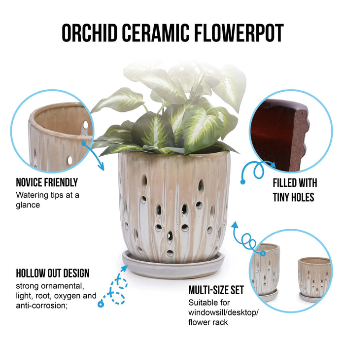 Set of 2 Striped Ceramic Flowerpot with Drainage Hole, 8' Modern Planter for Patio, Garden, Windowsill - Brown Default -DTYStore