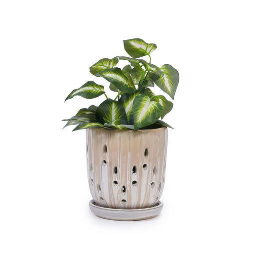 Set of 2 Striped Ceramic Flowerpot with Drainage Hole, 8' Modern Planter for Patio, Garden, Windowsill - Brown Default -DTYStore