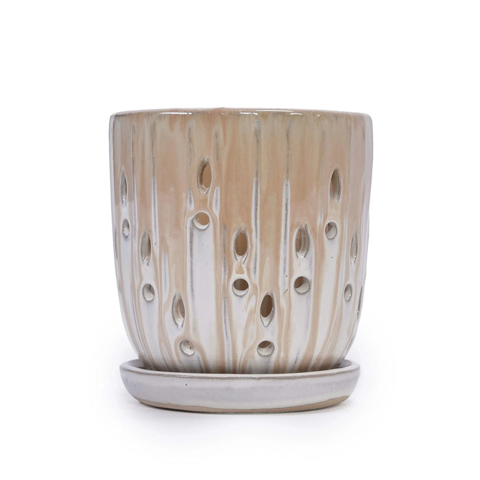 Set of 2 Striped Ceramic Flowerpot with Drainage Hole, 8' Modern Planter for Patio, Garden, Windowsill - Brown Default -DTYStore