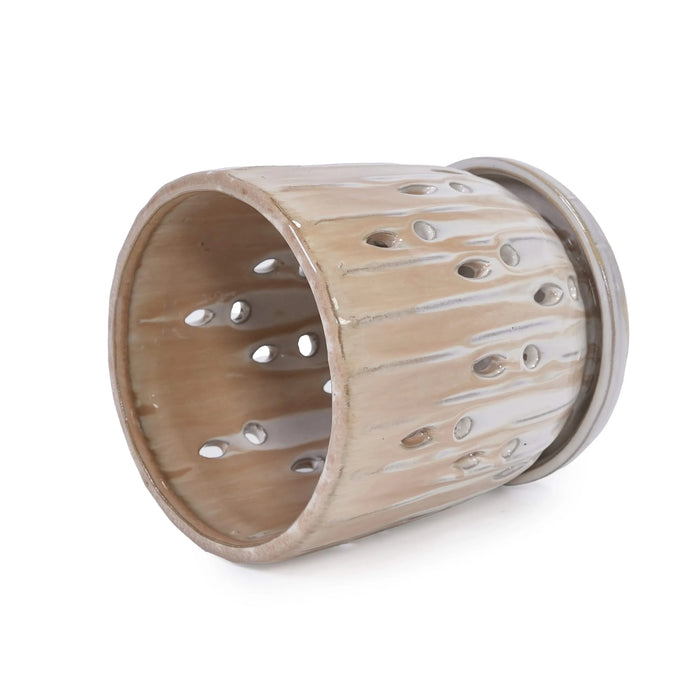 Set of 2 Striped Ceramic Flowerpot with Drainage Hole, 8' Modern Planter for Patio, Garden, Windowsill - Brown Default -DTYStore