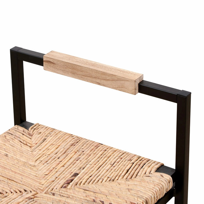 Set of 2 Water Hyacinth Woven Bar Stools with Back Support, Counter Height Dining Chairs, Natural Finish, Metal Frame Default -DTYStore