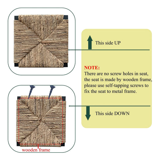 Set of 2 Water Hyacinth Woven Bar Stools with Back Support, Counter Height Dining Chairs, Natural Finish, Metal Frame Default -DTYStore