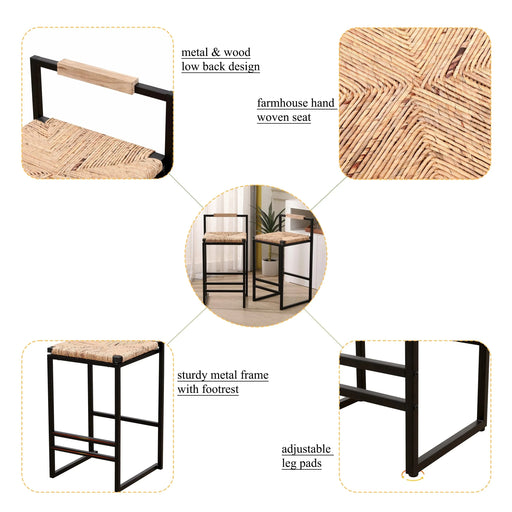 Set of 2 Water Hyacinth Woven Bar Stools with Back Support, Counter Height Dining Chairs, Natural Finish, Metal Frame Default -DTYStore