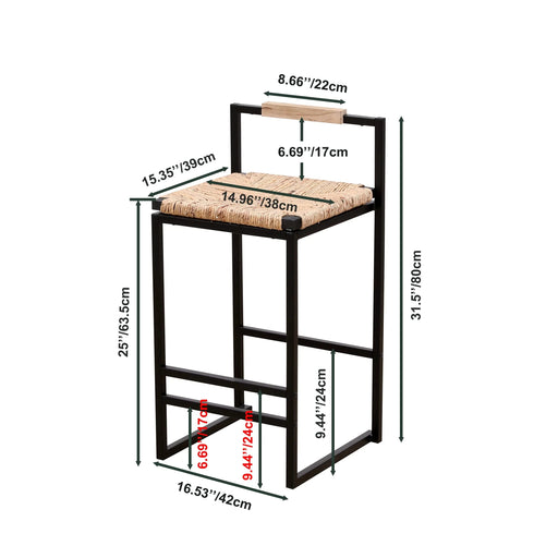 Set of 2 Water Hyacinth Woven Bar Stools with Back Support, Counter Height Dining Chairs, Natural Finish, Metal Frame Default -DTYStore
