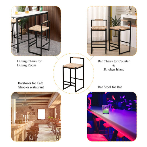 Set of 2 Water Hyacinth Woven Bar Stools with Back Support, Counter Height Dining Chairs, Natural Finish, Metal Frame Default -DTYStore
