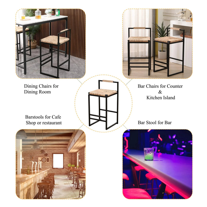 Set of 2 Water Hyacinth Woven Bar Stools with Back Support, Counter Height Dining Chairs, Natural Finish, Metal Frame Default -DTYStore