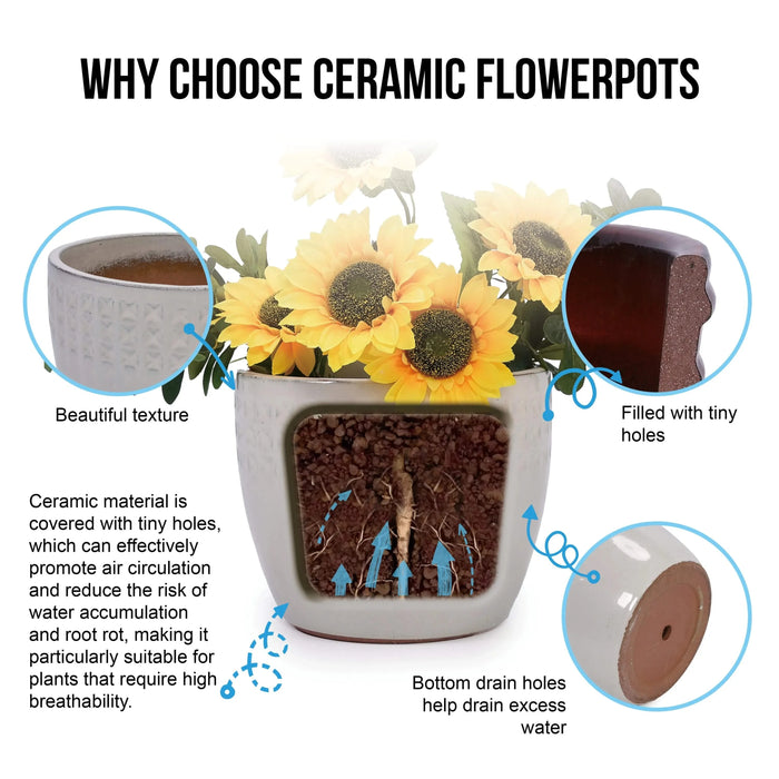 Set of 3 Ceramic Flowerpot, Modern Planter for Patio, Garden, Windowsill - Ancient White Default -DTYStore