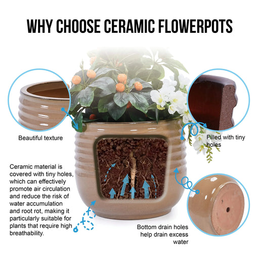 Set of 3 Ceramic Flowerpot, Modern Planter for Patio, Garden, Windowsill - Antique Bronze Default -DTYStore