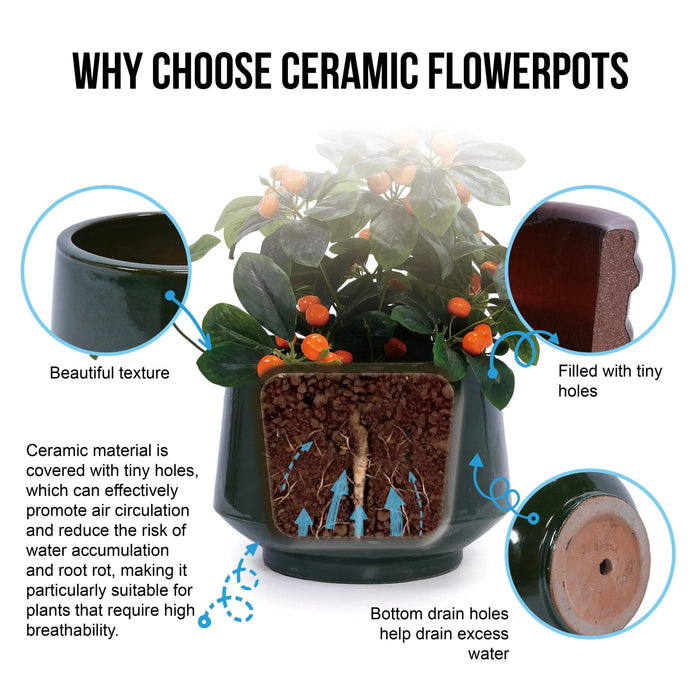 Set of 3 Ceramic Flowerpot, Modern Planter for Patio, Garden, Windowsill - Antique Green Default -DTYStore