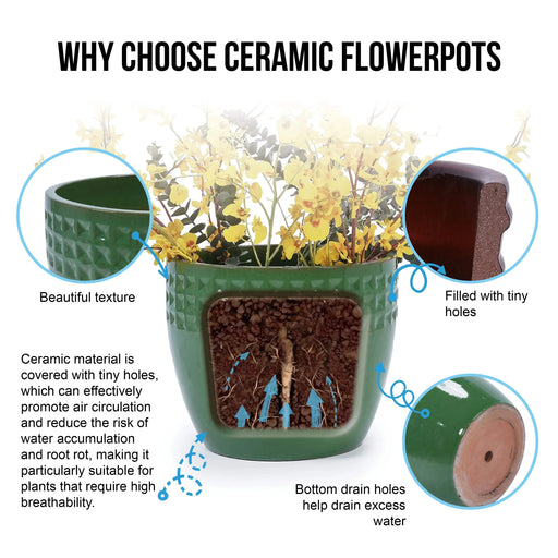 Set of 3 Ceramic Flowerpot, Modern Planter for Patio, Garden, Windowsill - Antique Green Default -DTYStore