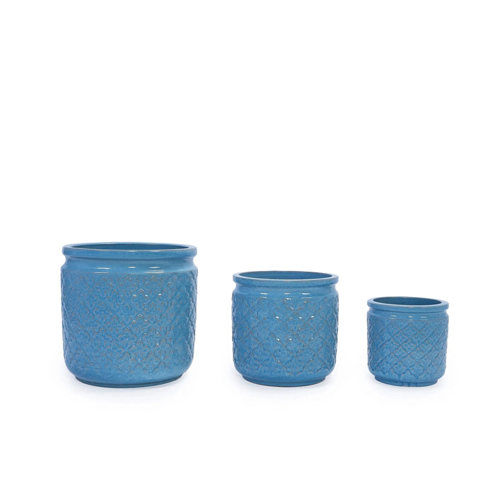 Set of 3 Flower Ceramic Flowerpot, Modern Planter for Patio, Garden, Windowsill - Antique Blue Default -DTYStore