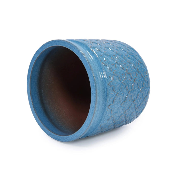 Set of 3 Flower Ceramic Flowerpot, Modern Planter for Patio, Garden, Windowsill - Antique Blue Default -DTYStore