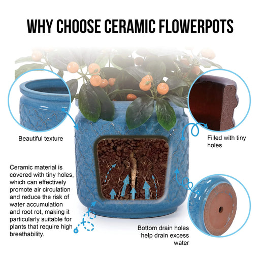 Set of 3 Flower Ceramic Flowerpot, Modern Planter for Patio, Garden, Windowsill - Antique Blue Default -DTYStore