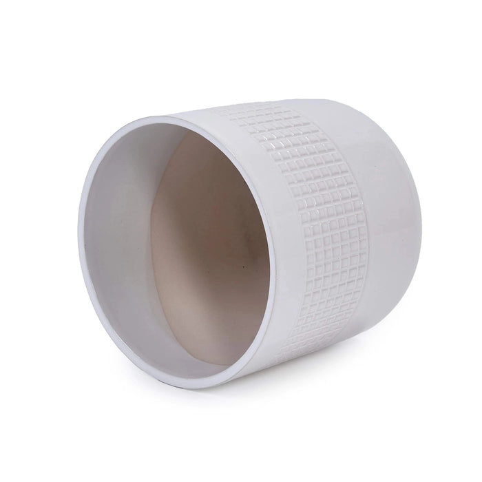 Set of 3 Grid Ceramic Flowerpot, Modern Planter for Patio, Garden, Windowsill - Ancient White Default -DTYStore