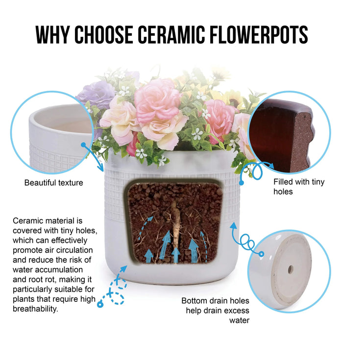 Set of 3 Grid Ceramic Flowerpot, Modern Planter for Patio, Garden, Windowsill - Ancient White Default -DTYStore