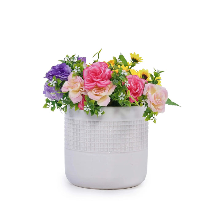 Set of 3 Grid Ceramic Flowerpot, Modern Planter for Patio, Garden, Windowsill - Ancient White Default -DTYStore