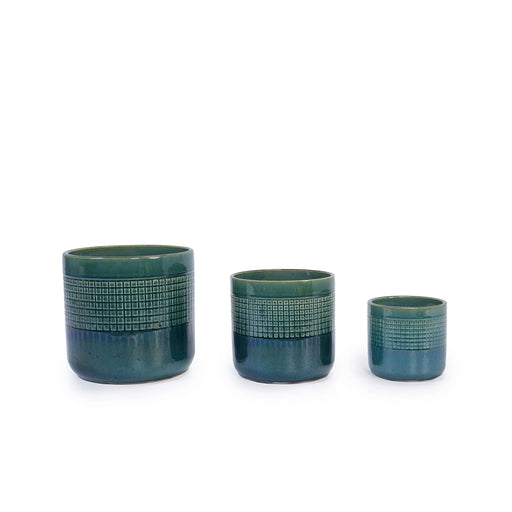 Set of 3 Grid Ceramic Flowerpot, Modern Planter for Patio, Garden, Windowsill - Blue Green Default -DTYStore