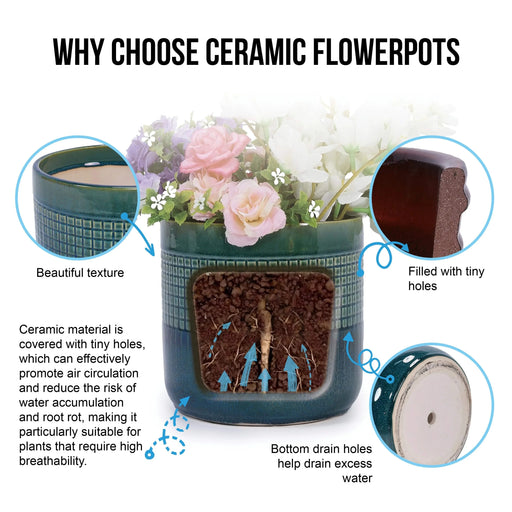 Set of 3 Grid Ceramic Flowerpot, Modern Planter for Patio, Garden, Windowsill - Blue Green Default -DTYStore