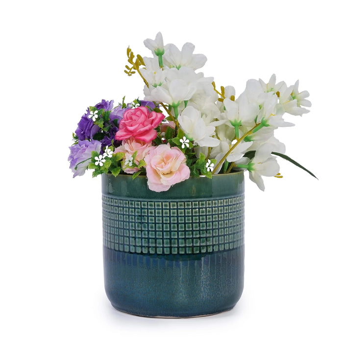 Set of 3 Grid Ceramic Flowerpot, Modern Planter for Patio, Garden, Windowsill - Blue Green Default -DTYStore