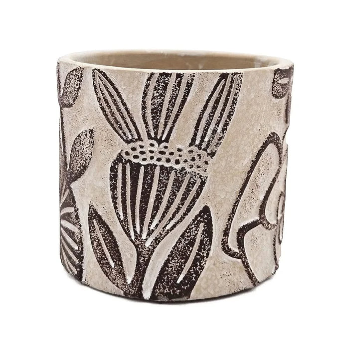 Set of 4 4.3x4.3x4' Gray Sand and Cement Planters with Brown Botanical Motifs Default -DTYStore