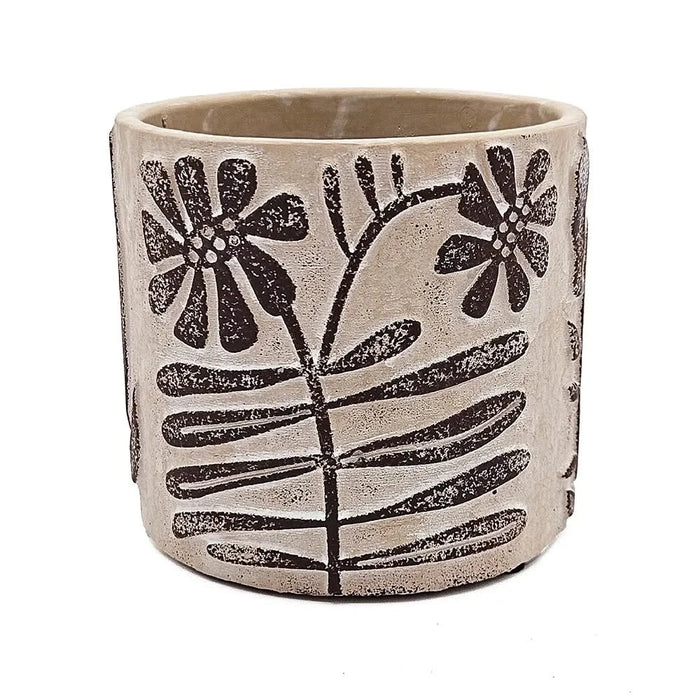 Set of 4 4.3x4.3x4' Gray Sand and Cement Planters with Brown Botanical Motifs Default -DTYStore
