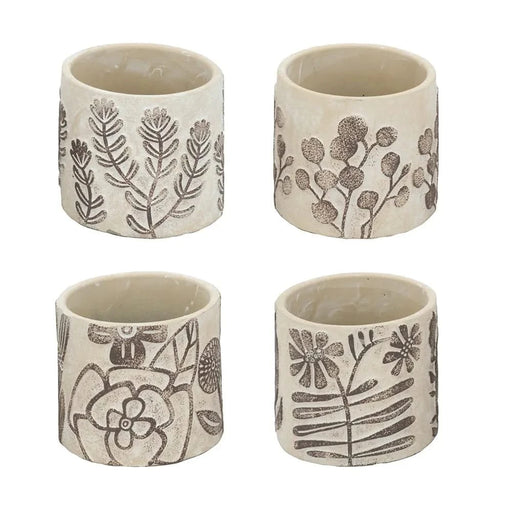 Set of 4 4.3x4.3x4' Gray Sand and Cement Planters with Brown Botanical Motifs Default -DTYStore